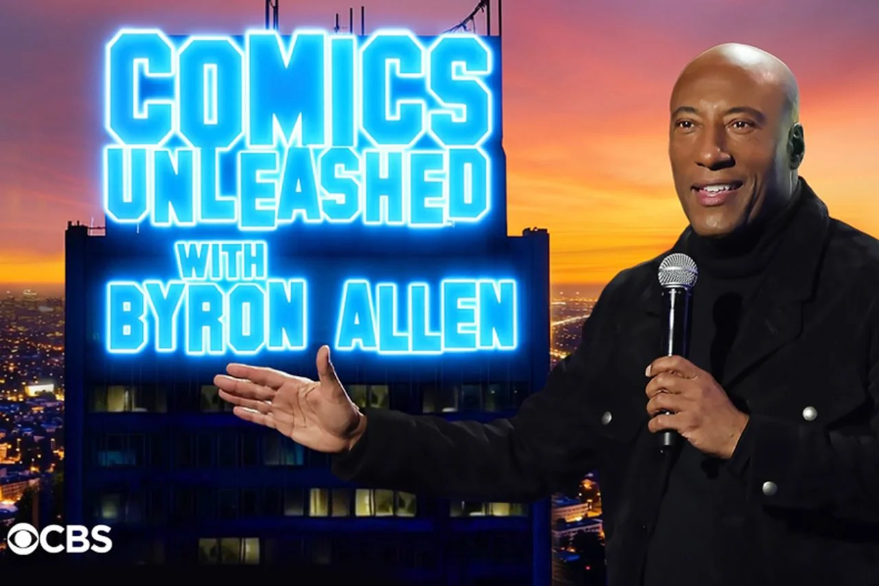 Byron Allen holding a microphone beside Comics Unleashed with Byron Allen branding, representing his CBS late-night slot and media ownership strategy.