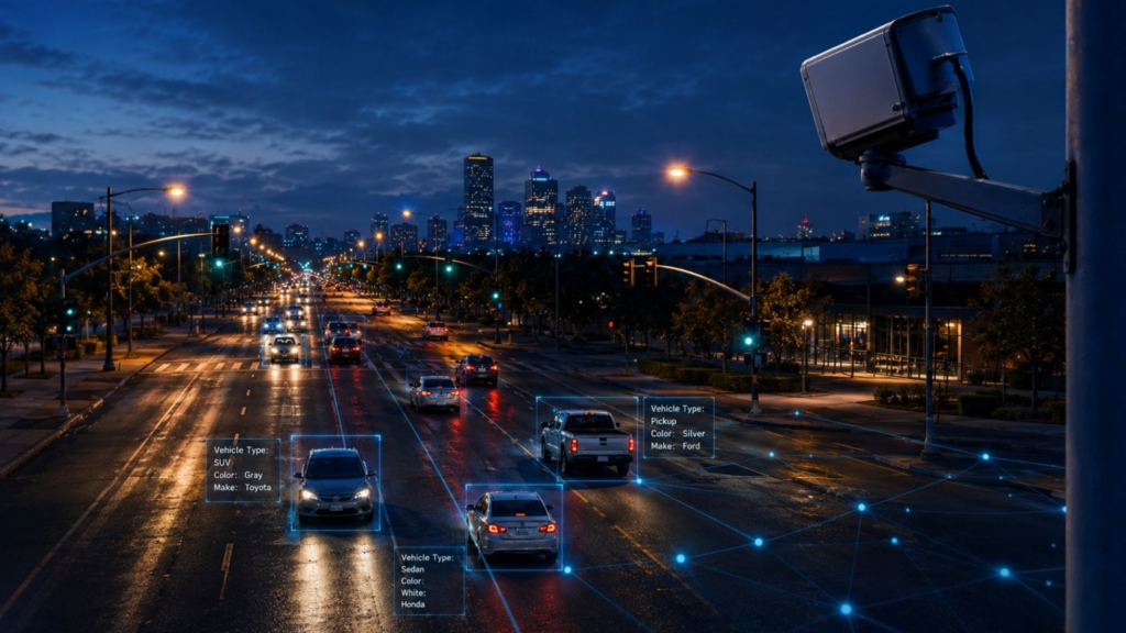 A nighttime American roadway with cars, surveillance cameras, and subtle blue data lines showing how AI vehicle tracking can turn roads into searchable infrastructure.