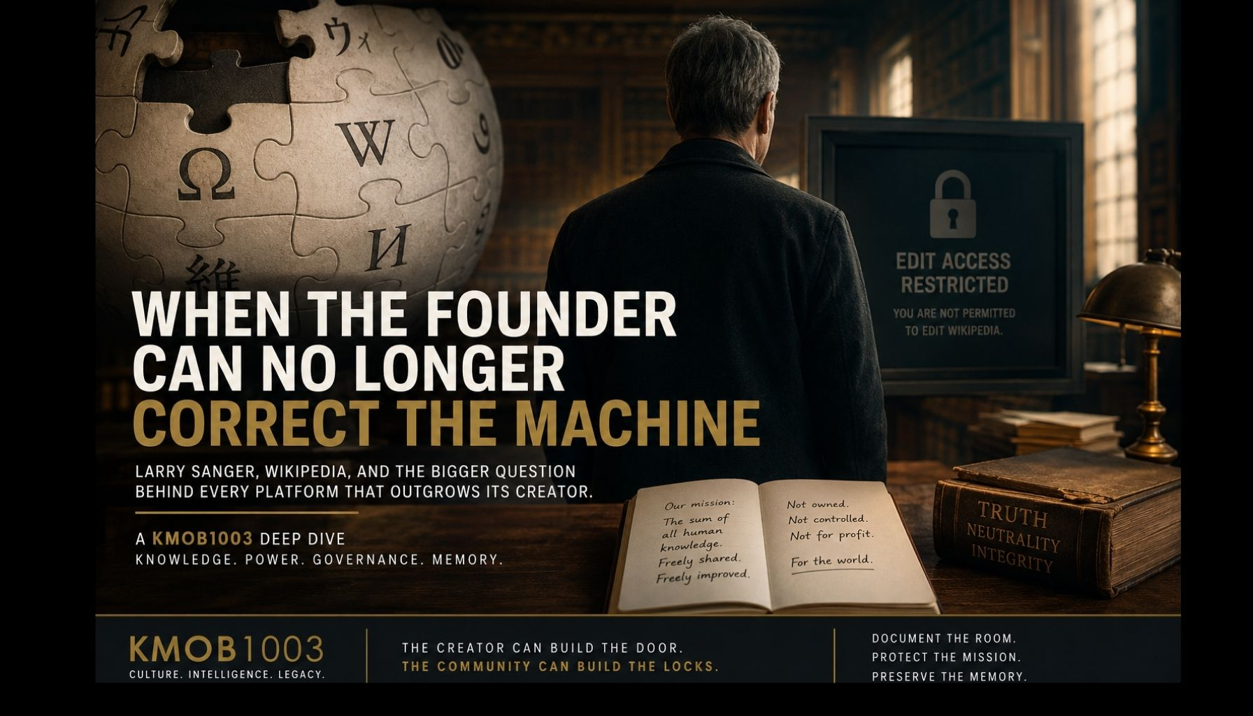 A cinematic KMOB1003 Legacy & Insights editorial image showing a founder facing a vast knowledge system of archives, notes, signals, and governance layers, representing platform drift, public knowledge, and institutional memory.