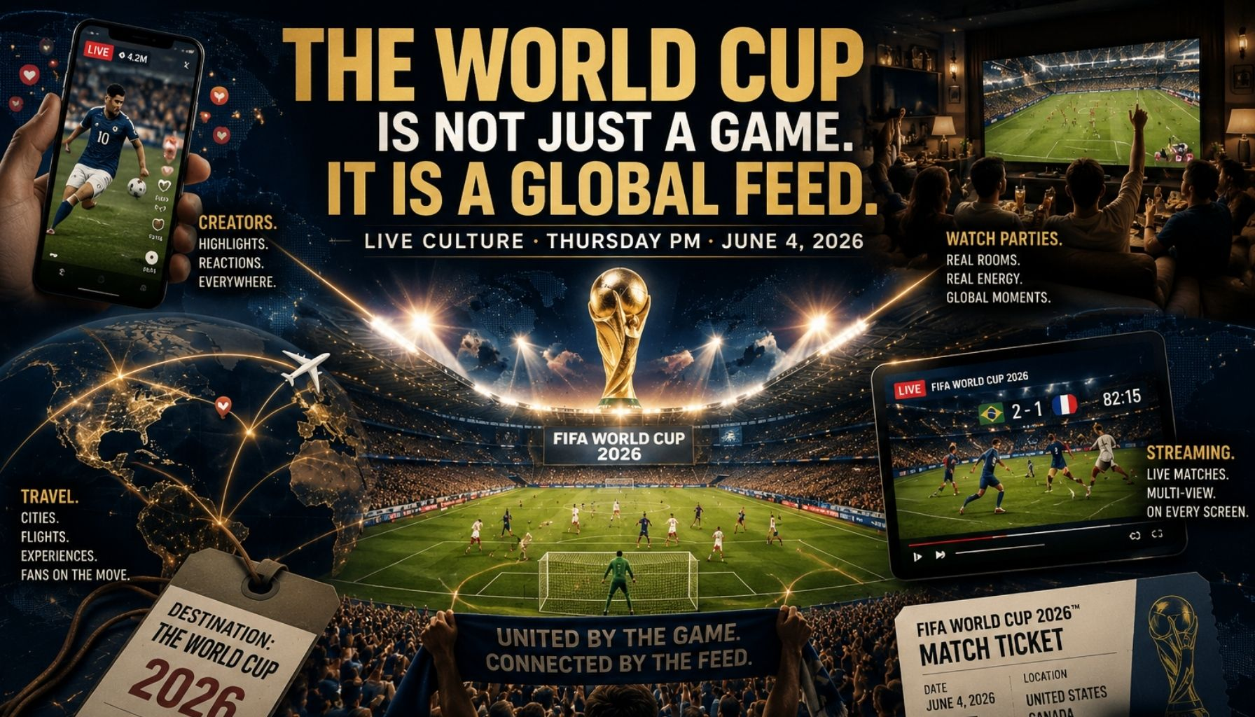 A premium editorial image showing the World Cup as a global media feed, with a match signal moving through phones, travel paths, watch parties, creator clips, and live rooms.