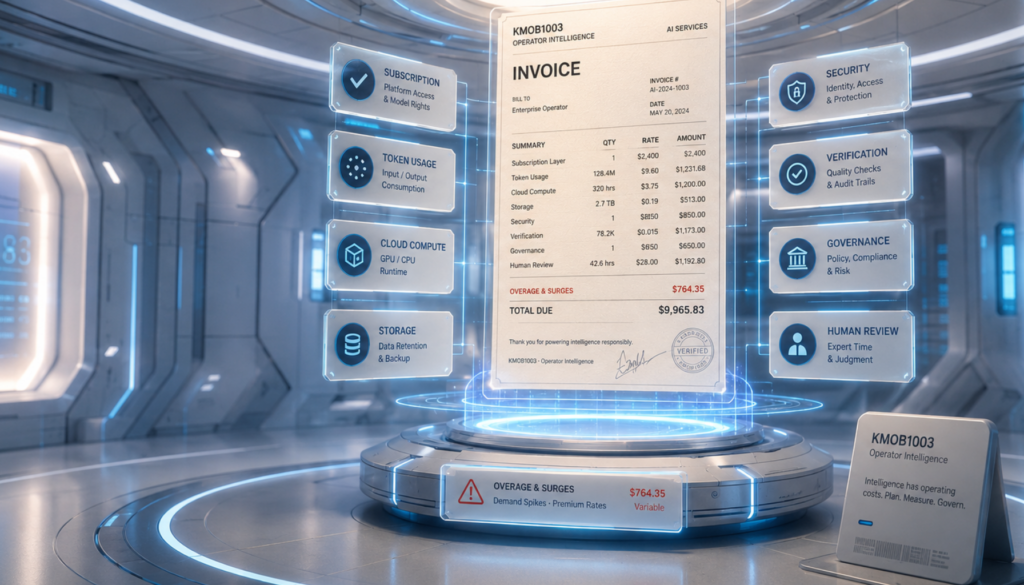 A luminous editorial scene where a glowing AI utility bill rises like an official invoice monument inside a clean abstract operator environment, surrounded by dimensional cost indicators including subscription tiles, token meters, storage blocks, usage counters, security layers, oversight notes, human review markers, and a KMOB1003 operator card — showing the hidden operating cost of AI made visible.