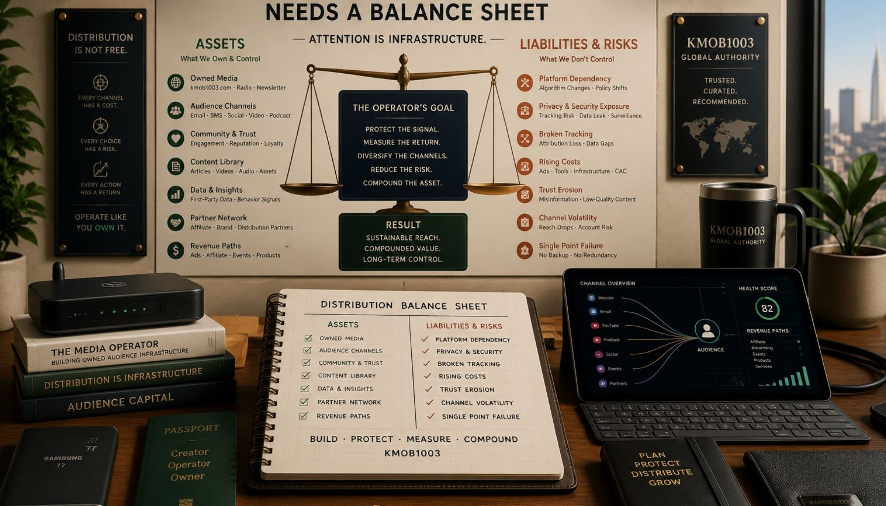 A premium KMOB1003 editorial image showing distribution channels, risk, security, revenue paths, and audience infrastructure arranged like a media balance sheet.