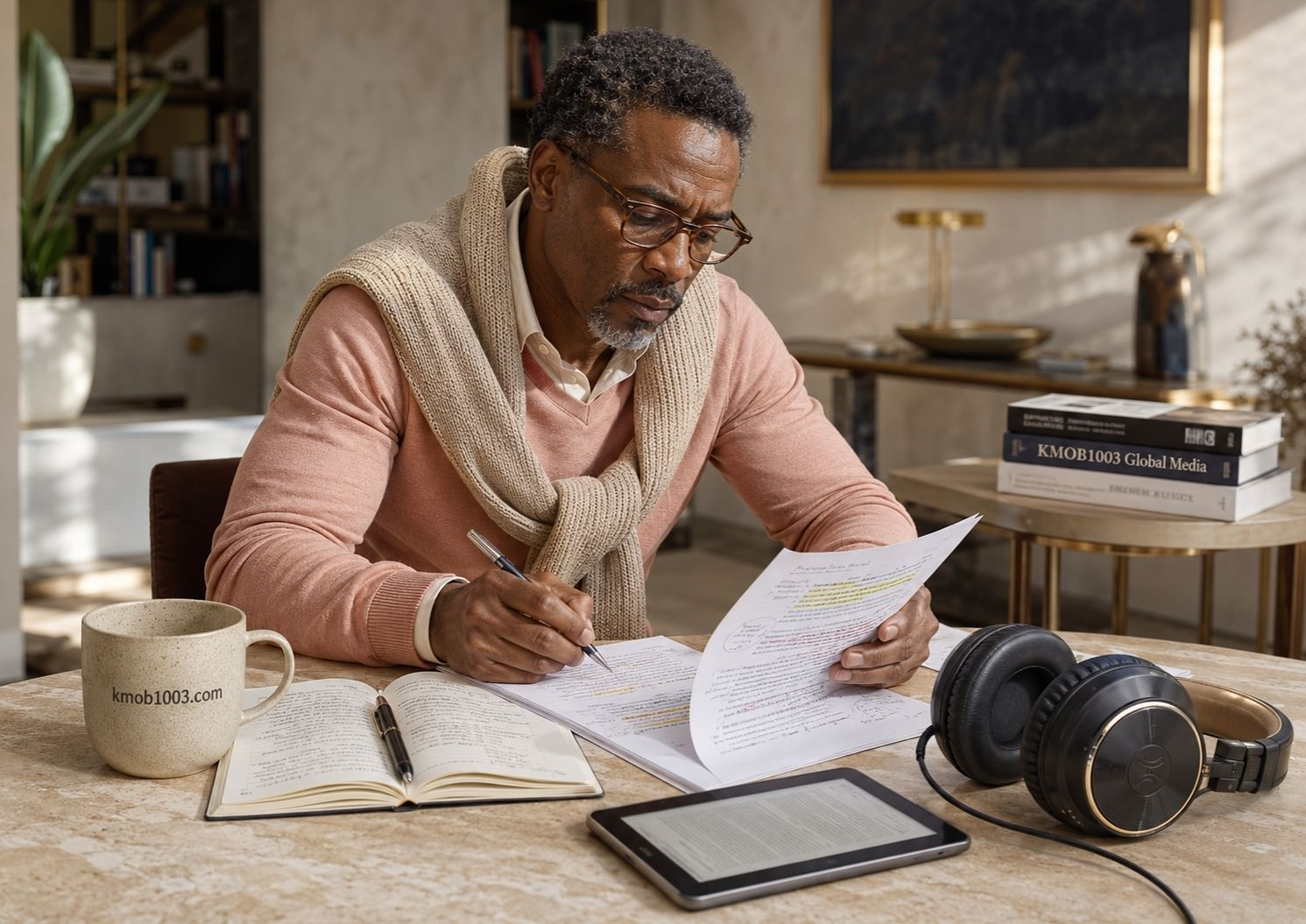 A luminous KMOB1003 strategy room showing Black professionals and a diverse global team reviewing notebooks, laptops, career documents, and work tools in a bright editorial workspace.