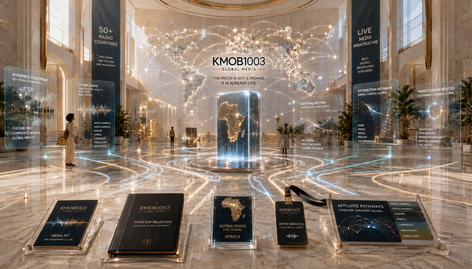 A luminous KMOB1003 media infrastructure atrium showing signal paths, global radio reach, editorial proof panels, affiliate pathways, artist services, investor materials, and KMOB1003 branding embedded into the architecture.