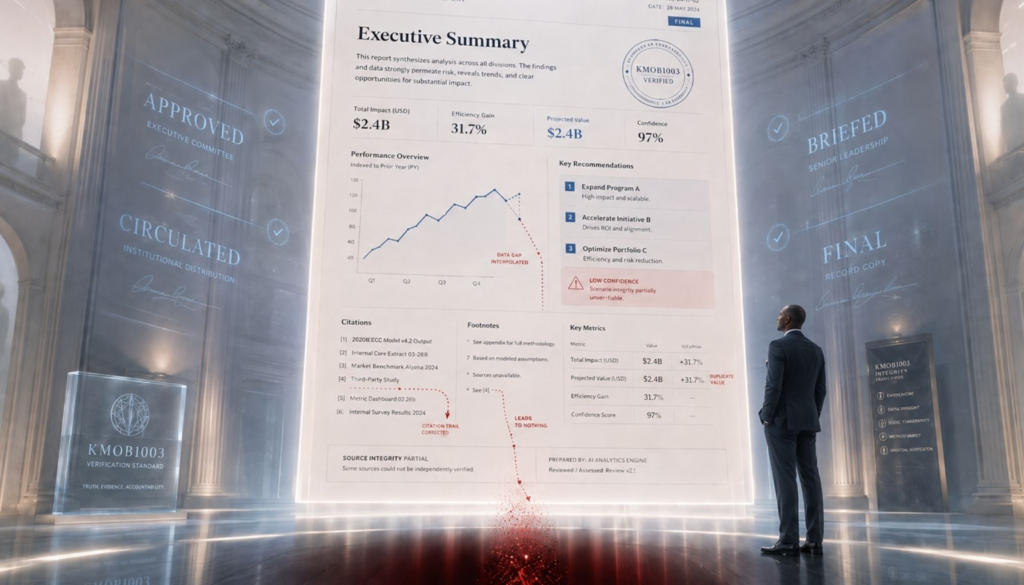 A polished workplace report spread across a bright table-like surface with verification notes, source-check marks, a KMOB1003 audit card, and subtle errors highlighted, showing how AI hallucinations can look official before anyone verifies them.