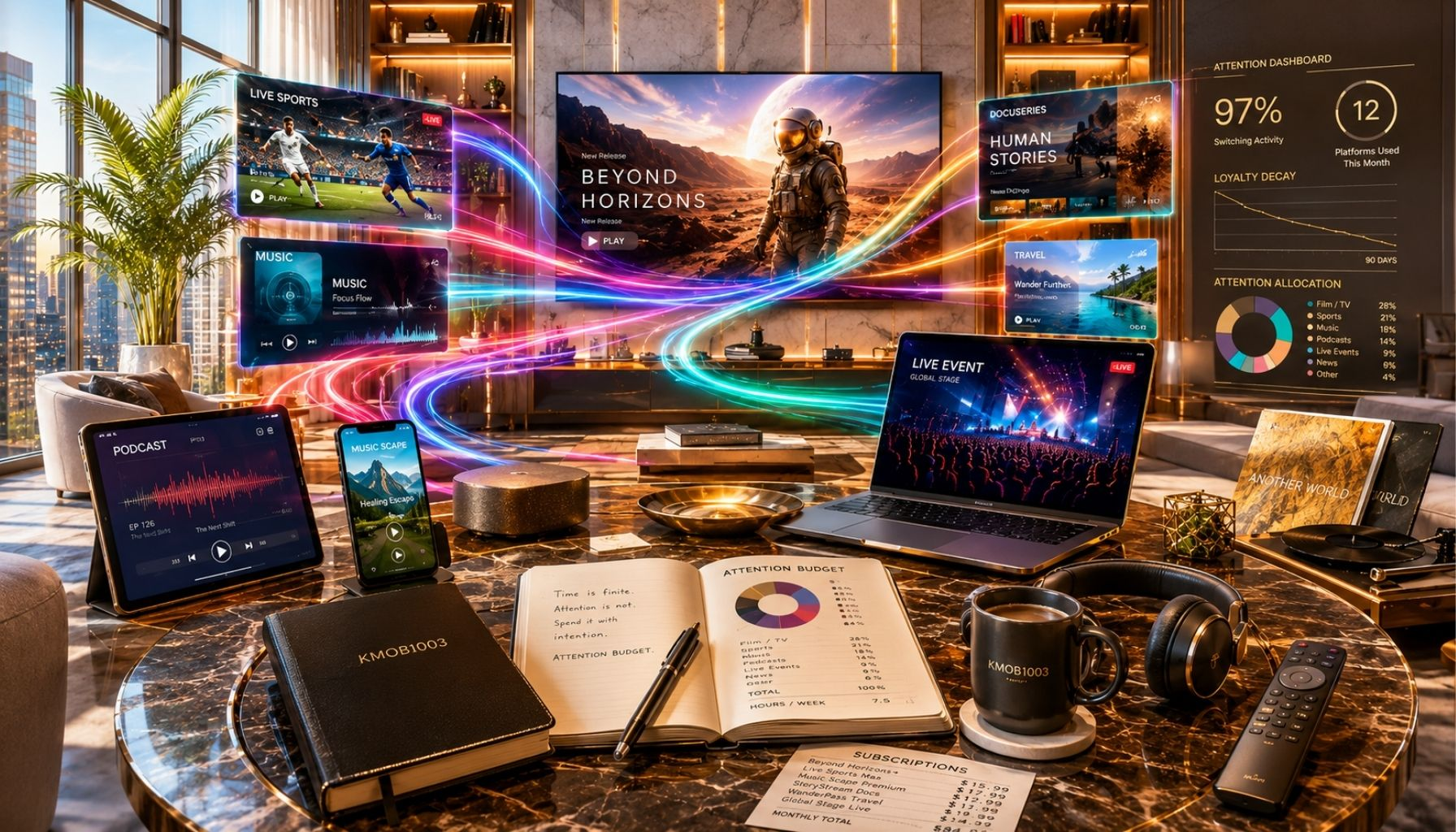 A premium KMOB1003 editorial image of an elegant evening watch room where streaming choices are arranged like a financial allocation board — one premium screen, headphones, subscription cards, and paused or cancelled labels showing attention treated as a monthly budget.