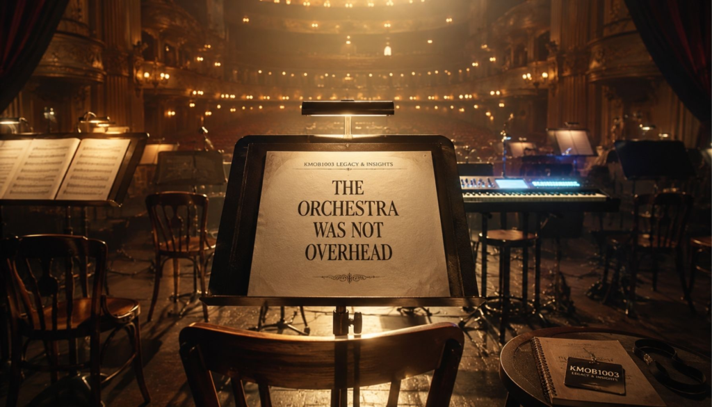 A cinematic theatre pit with empty chairs, music stands, sheet music, a glowing keyboard, warm stage light, and KMOB1003 branding, showing the hidden labor of live musicians inside musical theatre.