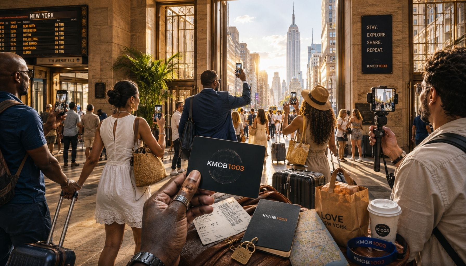 Diverse global visitors moving through a luminous New York city arrival threshold — Penn Station corridor energy, rolling bags, phones raised, transit signage, orange-and-blue jersey accents, ticket stubs, hotel key cards, and KMOB1003 media details — showing visitors as moving media channels carrying the city's signal outward.