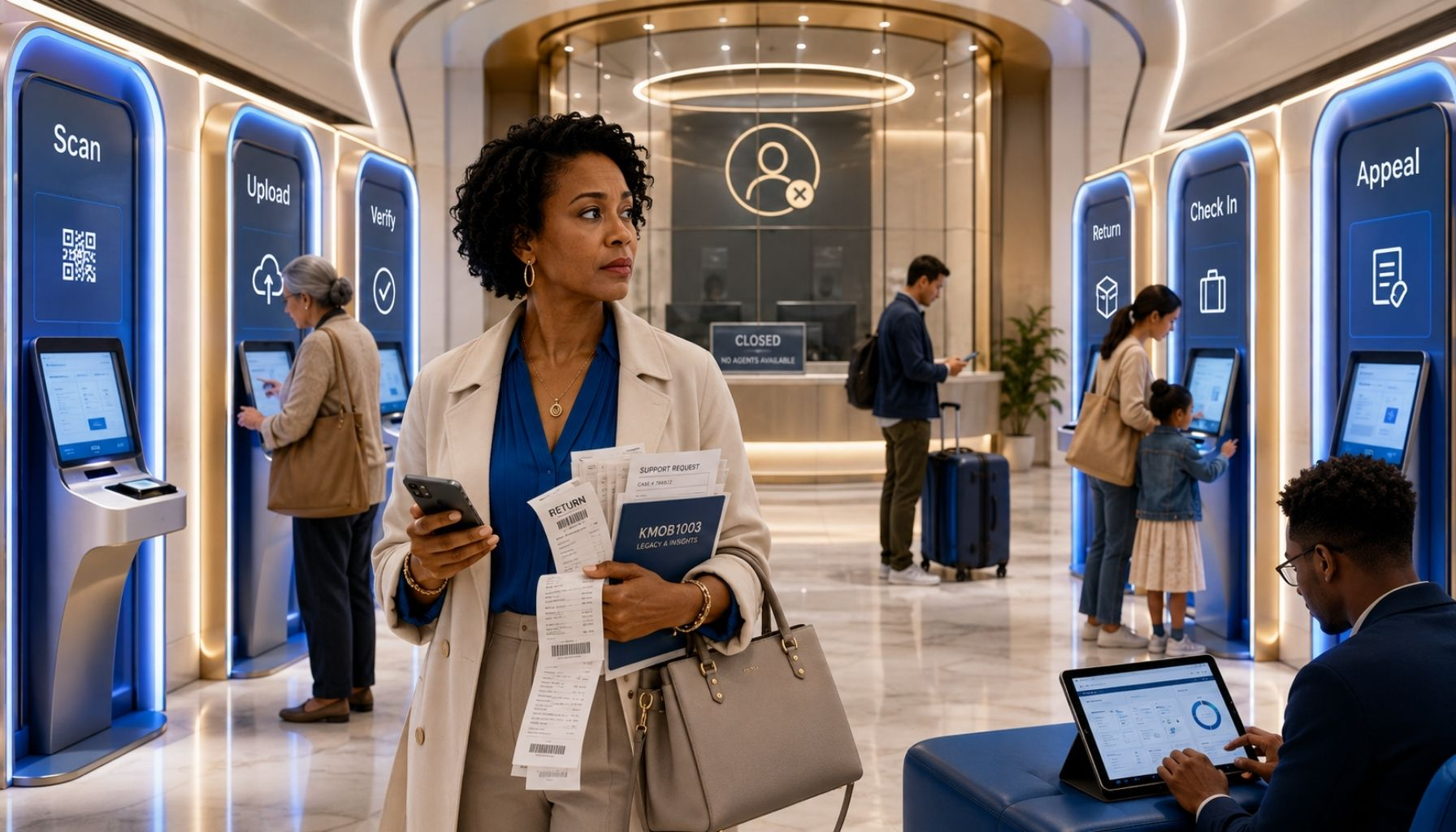 Black woman holding receipts and support forms in a bright automated service hub with self-service kiosks and a closed human help desk, representing customer labor transfer.