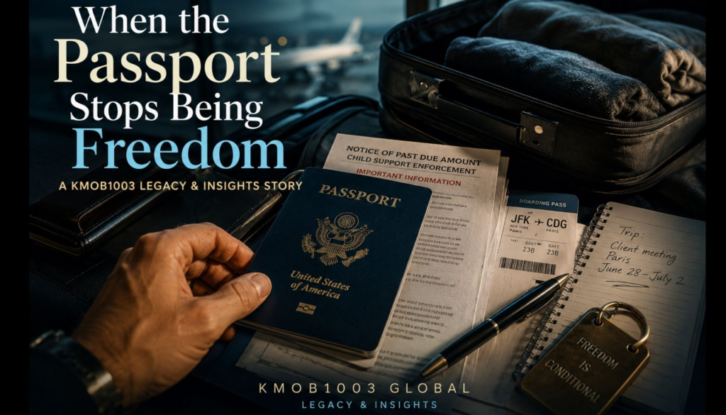 A U.S. passport beside child support enforcement documents, a boarding pass, and a half-packed suitcase, illustrating how child support debt can affect travel freedom.
