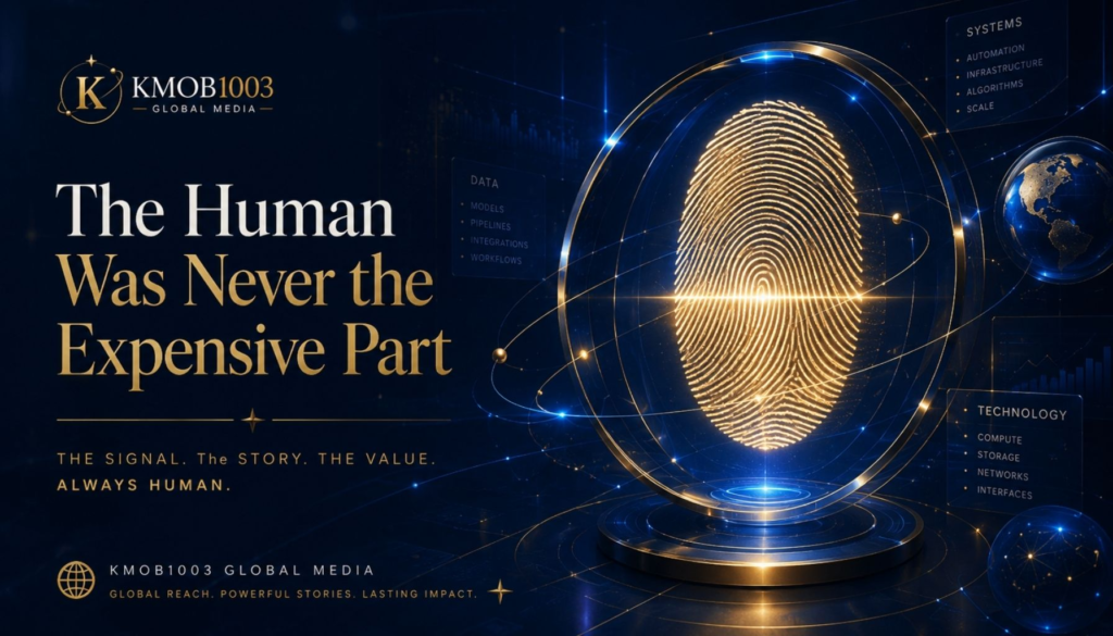 KMOB1003 featured image for “The Human Was Never the Expensive Part,” showing a glowing human fingerprint surrounded by deep blue AI infrastructure, global signal lines, and restrained gold accents.