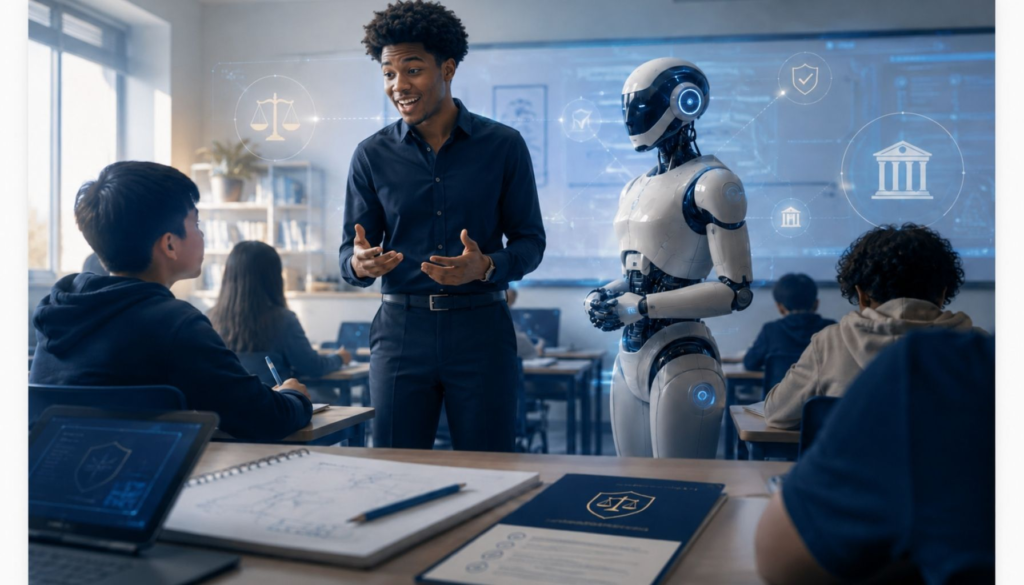 A young Black male teacher leads a classroom beside a humanoid AI assistant while a Black male student with short dreadlocks listens, representing human oversight, student trust, and accountability in AI-supported education.