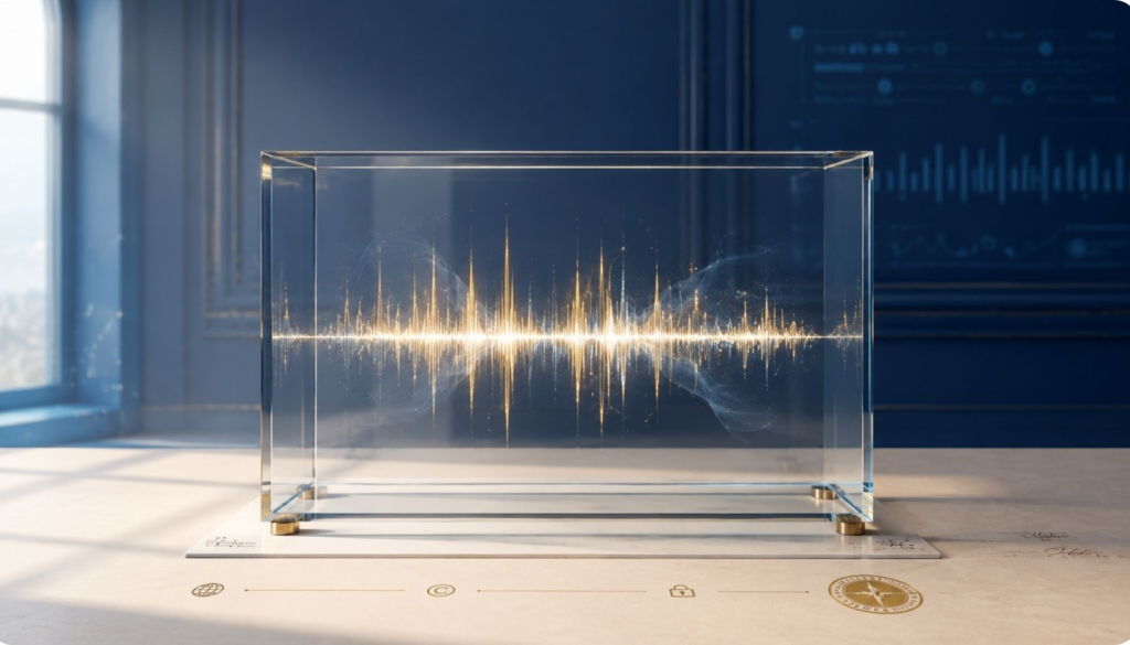 A luminous human vocal waveform suspended inside a transparent glass archive box on an ivory editorial surface, symbolizing artist rights, AI music licensing, and the protection of human creative signal.