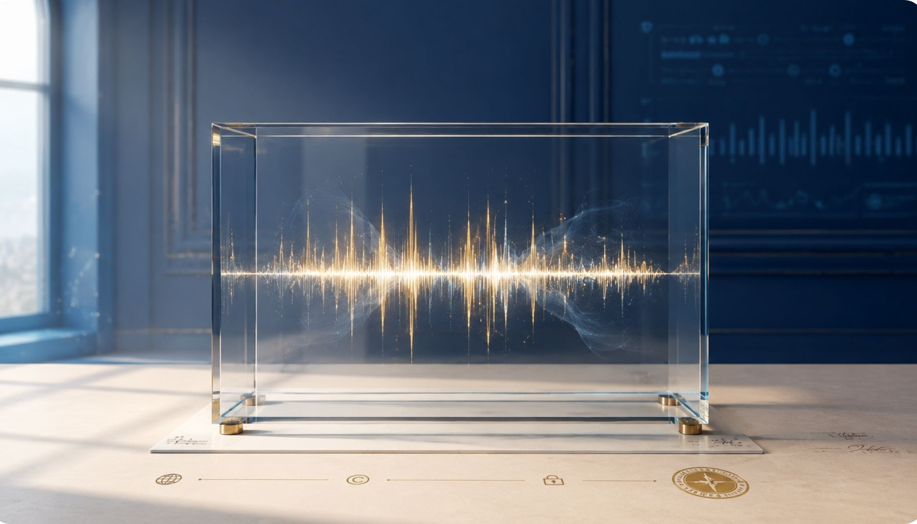 A luminous human vocal waveform suspended inside a transparent glass archive box on an ivory editorial surface, symbolizing artist rights, AI music licensing, and the protection of human creative signal.