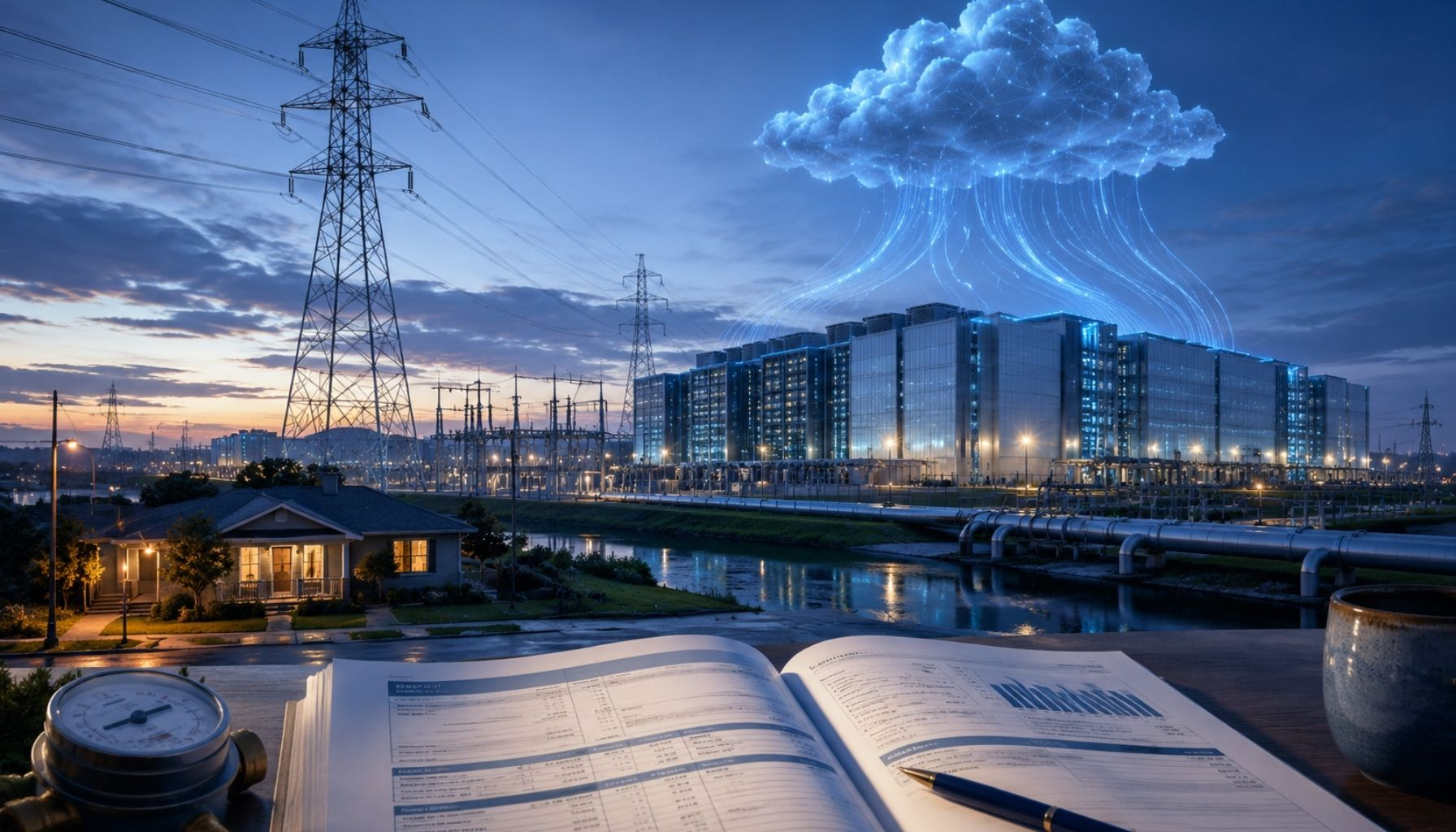 A luminous editorial scene showing a large data center beside transmission lines and a substation, with a nearby home and an open utility ledger in the foreground, representing the public cost of AI infrastructure.