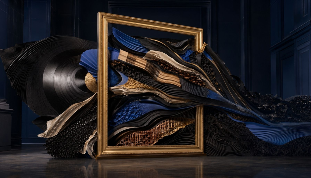 Layered vinyl grooves and sculptural forms extend far beyond a gilded frame inside a dark blue institutional gallery.