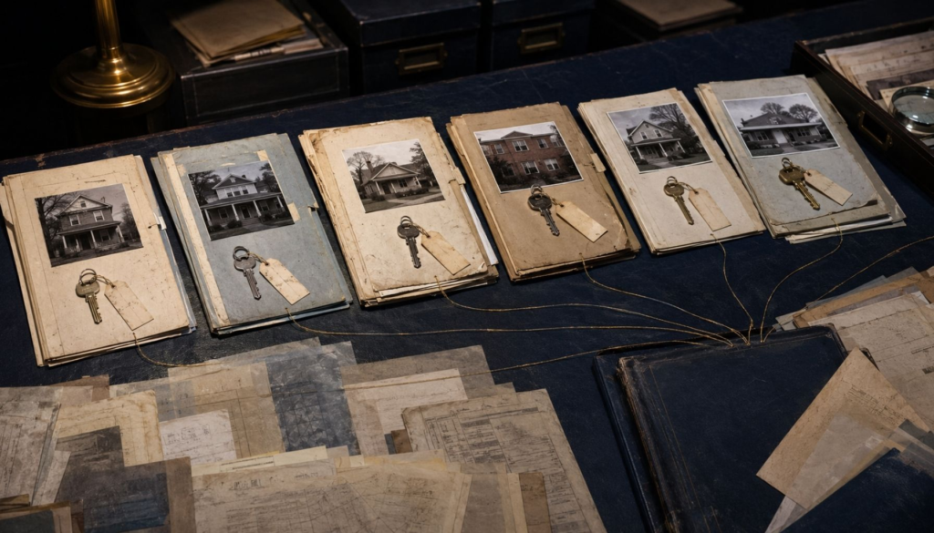 Six property files display photographs of different American homes, with individual house keys and fine gold registry threads leading beneath one concealed navy ledger.