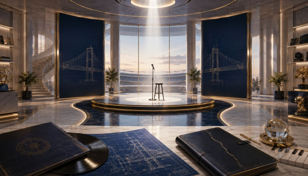 A luminous editorial stage with a spotlighted microphone, vinyl record, blueprint drawings, piano keys, and a leather journal, symbolizing legacy, reconciliation, catalog, and cultural power.