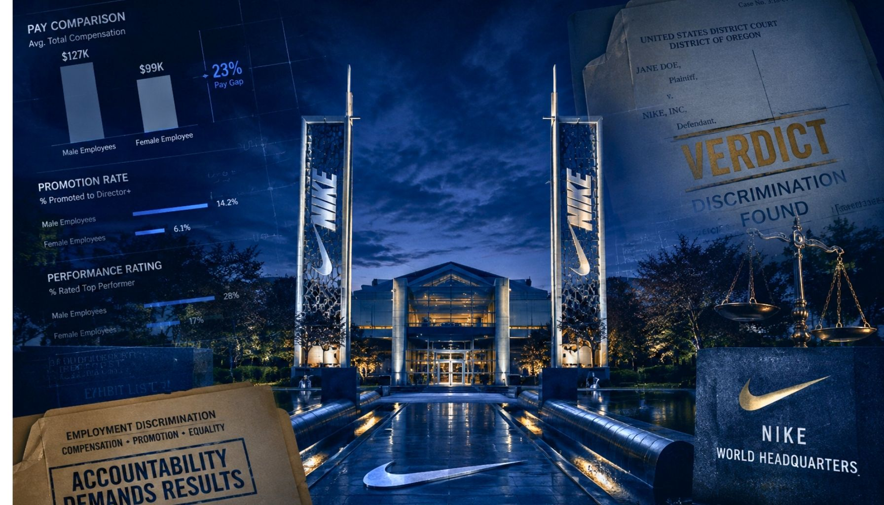Nike's Oregon headquarters appears behind employment-discrimination court records, pay and promotion comparisons, a verdict notice, and balanced scales of justice.