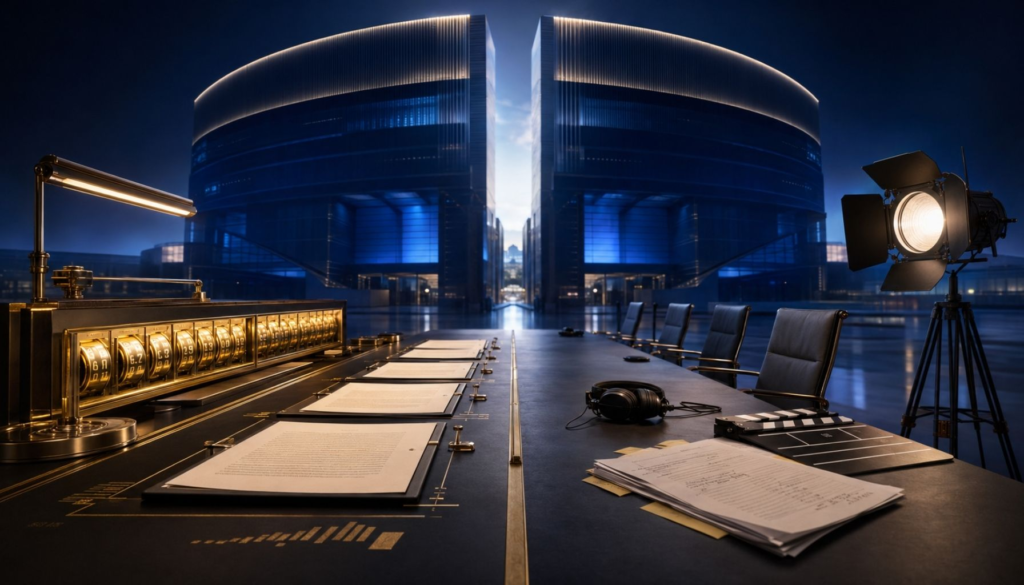 A financial counter measures the cost of delay beside a contract table, while empty writers’ chairs, scripts and production equipment wait before two divided media institutions.