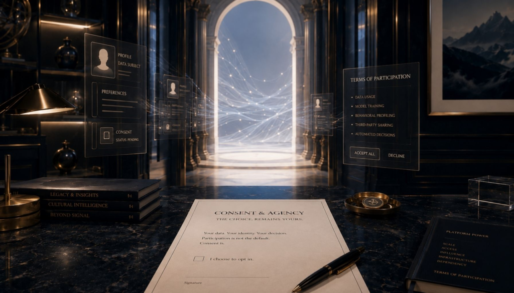 A luxury editorial scene with a consent document, glowing data interfaces, and a terms-of-participation display, representing platform power, digital identity, and public consent in AI.