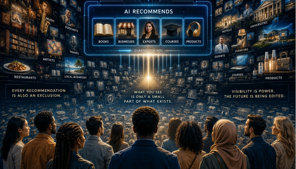 A diverse audience faces a luminous AI recommendation interface selecting a small group of books, businesses, experts, courses, and products from thousands of cultural and commercial choices.