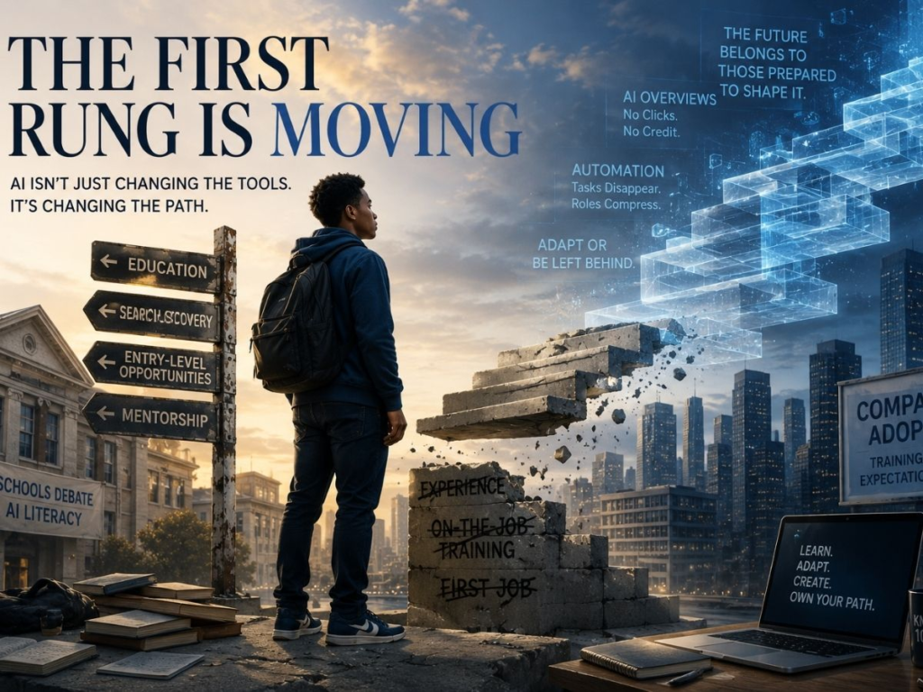 Young African American man facing a broken first career rung as education, search, mentorship, and entry-level work shift under AI pressure.